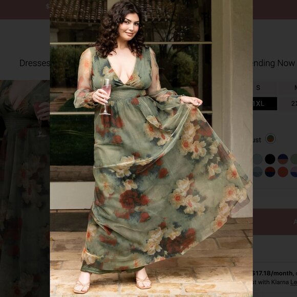 Baltic Born Green Layla Long Sleeve Tulle Maxi Dress V Neck Fall Floral 1XL - Picture 7 of 15